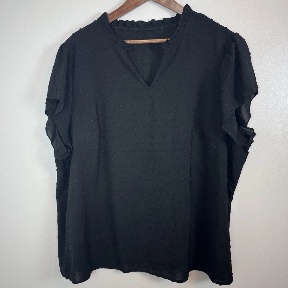 Shein Curve Womens 3X Swiss Dot Peasant Cottage Core Blouse Black V Neck